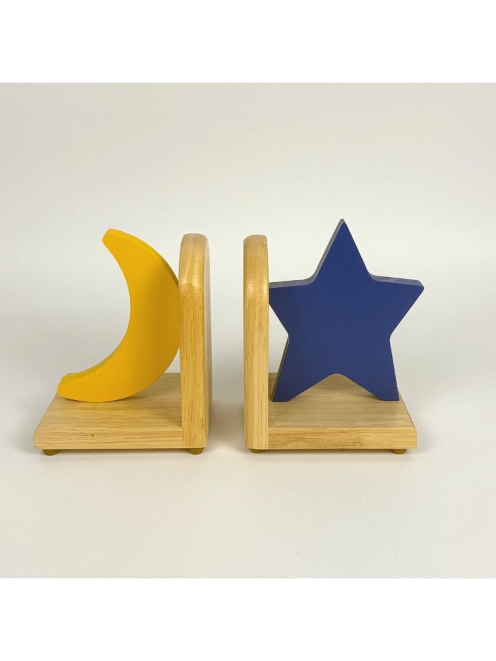 Blue Star & Yellow Moon Children's Wood Bookends Natural Wood Base